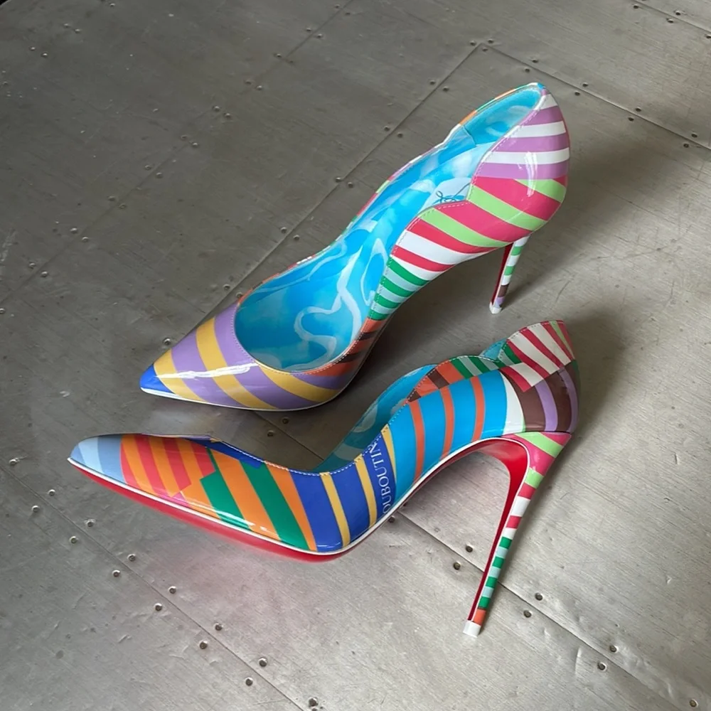 Christian louboutin hot chick 100mm patent striped multi color stiletto sz 37.5